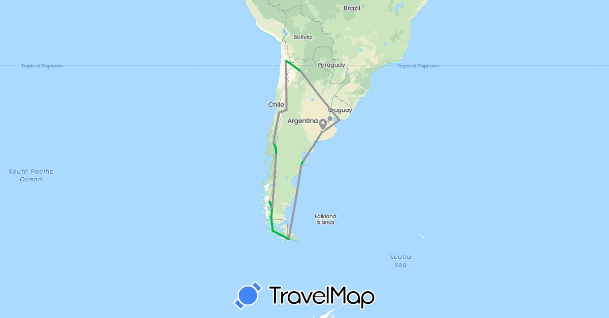 TravelMap itinerary: driving, bus, plane in Argentina, Chile, Uruguay (South America)